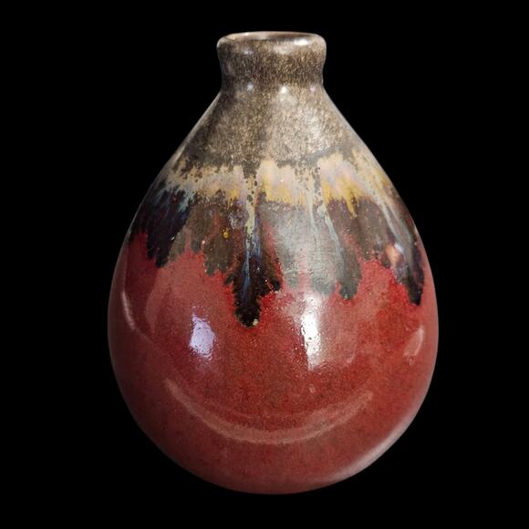 Drip Glaze Ceramic Vase Red Brown Yellow Small 5” Accent Decor - Picture 1 of 7